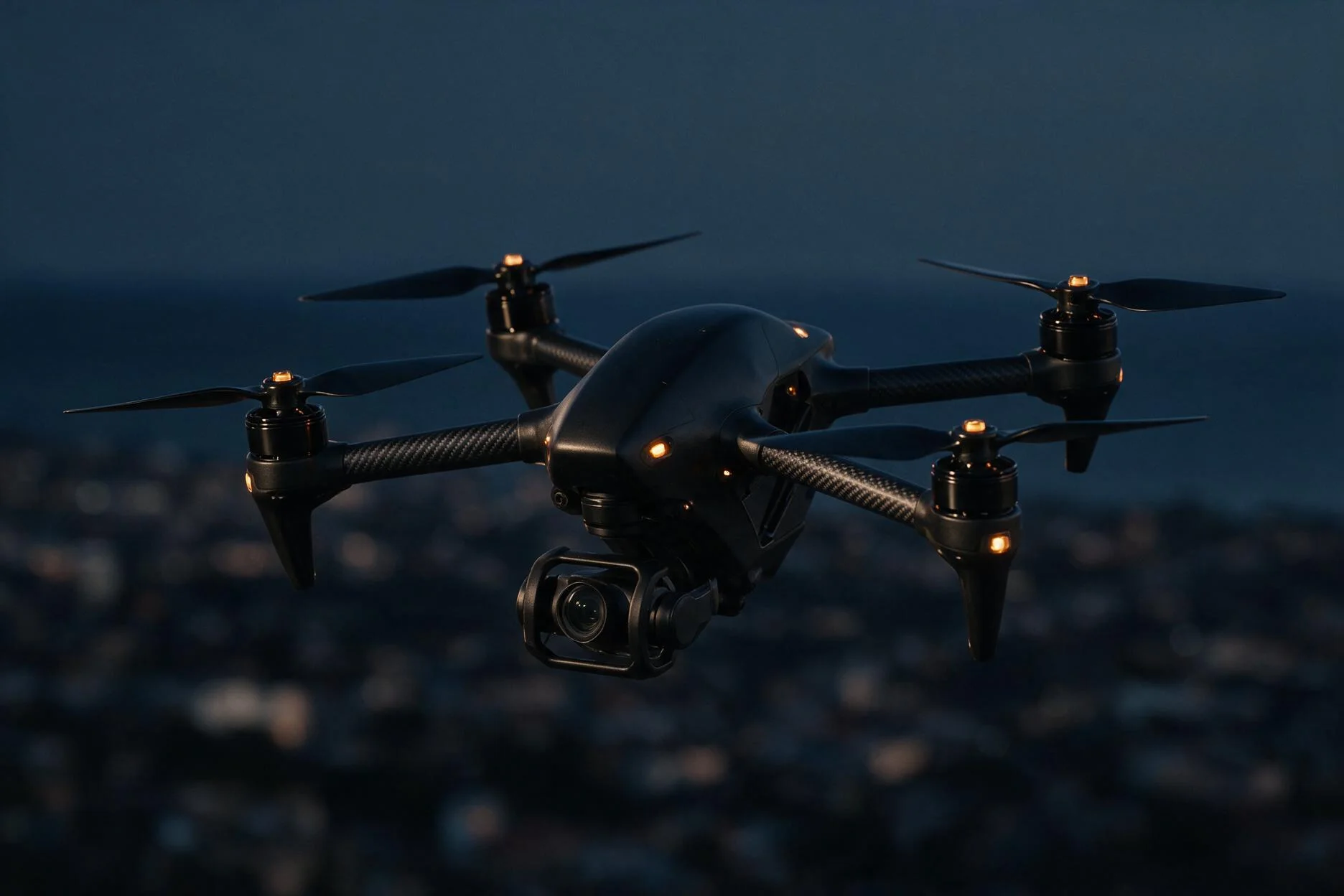 A matte-black FPV cinema drone hovering at dusk
